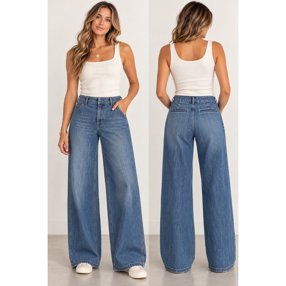 NWT H&M Wide Leg High Waist Denim trouser Jeans Medium Wash Blue Size 2